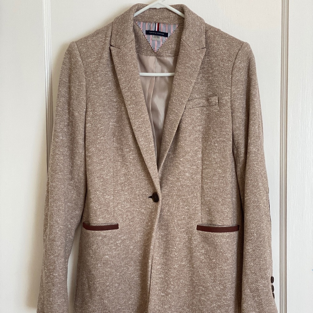 Tommy Hilfiger Women's Blazer Coat Beige with Brown Elbow Patches Size 2